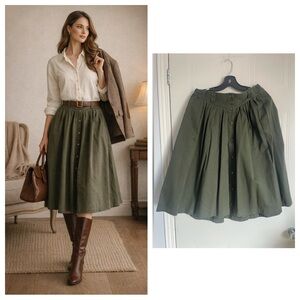 Green Cotton Midi Skirt Size 14 Cottagecore Classic Heritage Feminine Skirt